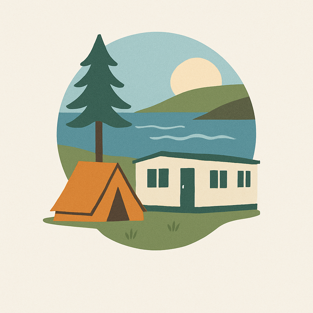 Drawing of a campsite with a tent and static caravan, by the sea at sunset/sunrise